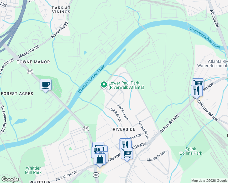 map of restaurants, bars, coffee shops, grocery stores, and more near 2280 Bernard Road Northwest in Atlanta