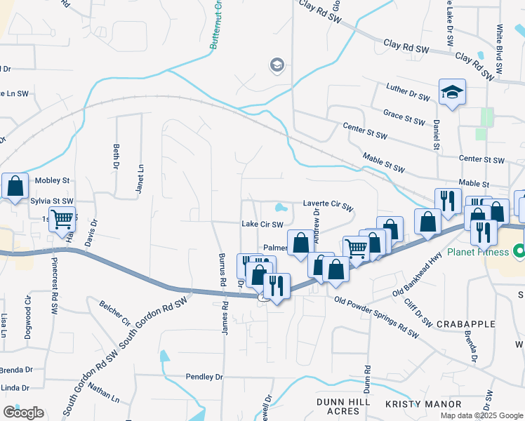 map of restaurants, bars, coffee shops, grocery stores, and more near 5541 Wild Cherry Drive Southwest in Mableton