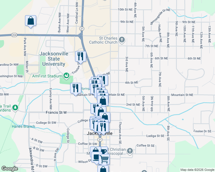 map of restaurants, bars, coffee shops, grocery stores, and more near 310 Church Avenue Northeast in Jacksonville