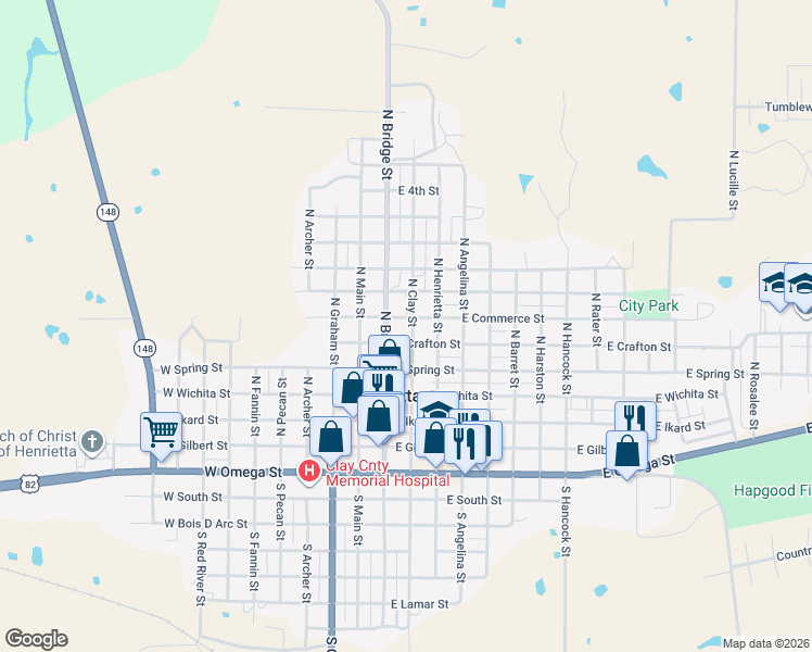 map of restaurants, bars, coffee shops, grocery stores, and more near 511 North Clay Street in Henrietta