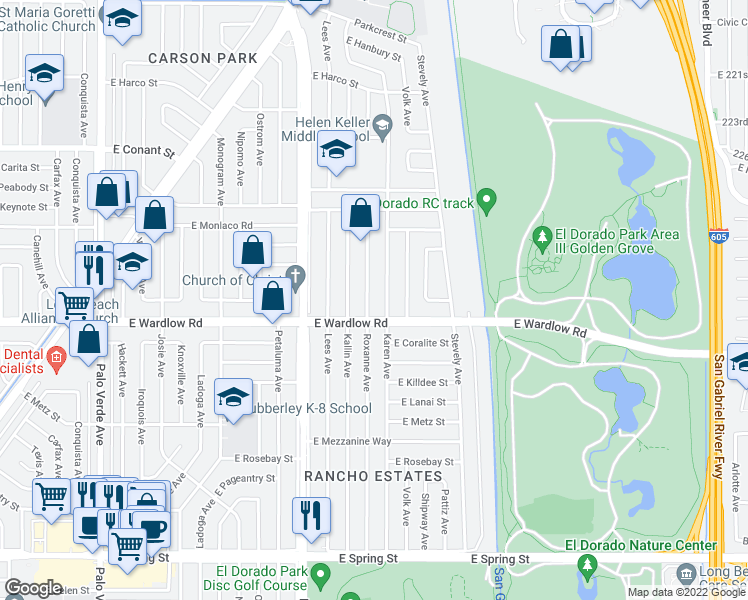 map of restaurants, bars, coffee shops, grocery stores, and more near 3422 Roxanne Avenue in Long Beach