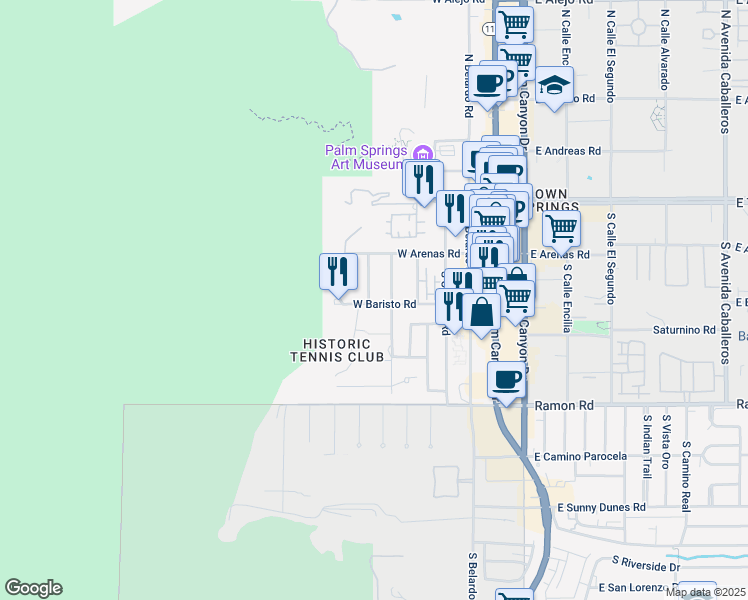 map of restaurants, bars, coffee shops, grocery stores, and more near 290 San Jacinto Drive in Palm Springs