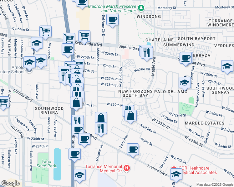 map of restaurants, bars, coffee shops, grocery stores, and more near 22816 Avis Street in Torrance