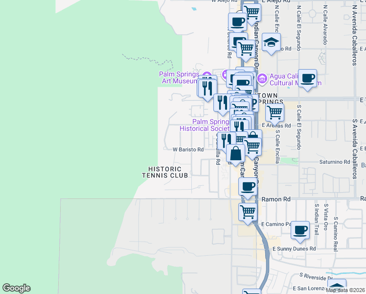 map of restaurants, bars, coffee shops, grocery stores, and more near 290 San Jacinto Drive in Palm Springs