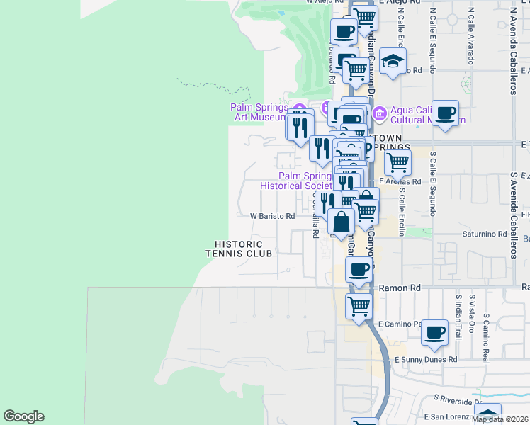 map of restaurants, bars, coffee shops, grocery stores, and more near 333 South Patencio Road in Palm Springs