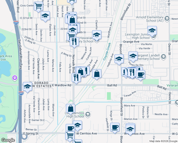 map of restaurants, bars, coffee shops, grocery stores, and more near 8170 East Timor Street in Long Beach