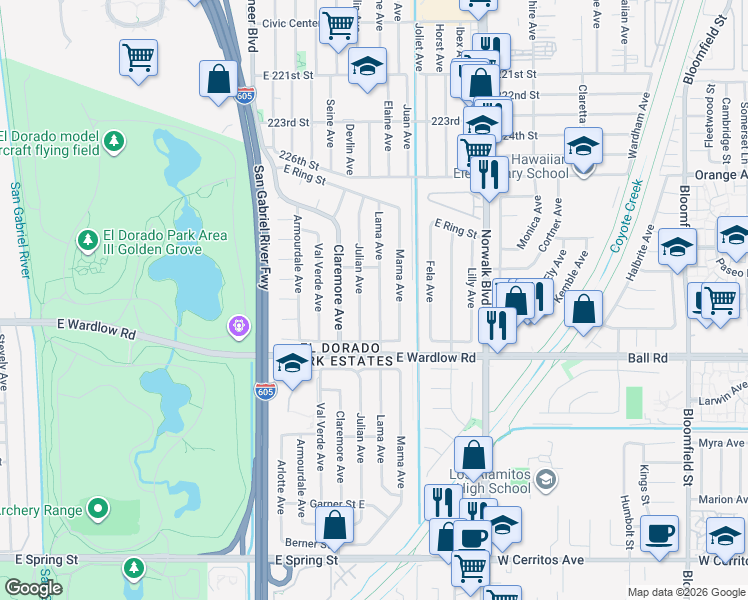 map of restaurants, bars, coffee shops, grocery stores, and more near 3426 Julian Avenue in Long Beach