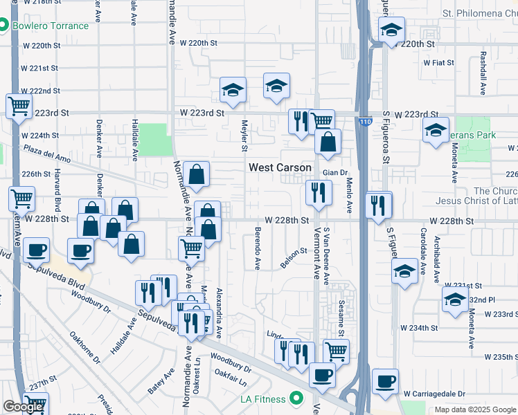 map of restaurants, bars, coffee shops, grocery stores, and more near 1065 West 228th Street in Torrance