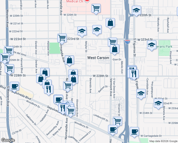 map of restaurants, bars, coffee shops, grocery stores, and more near 1065 West 228th Street in Torrance