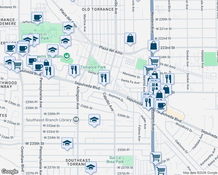 map of restaurants, bars, coffee shops, grocery stores, and more near 1971 Reynosa Drive in Torrance