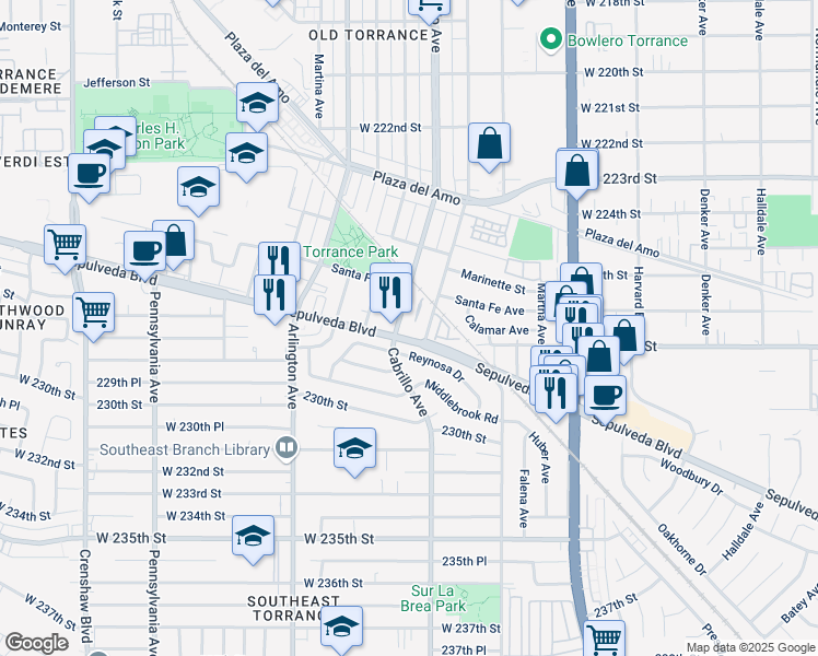 map of restaurants, bars, coffee shops, grocery stores, and more near 2742 Cabrillo Avenue in Torrance