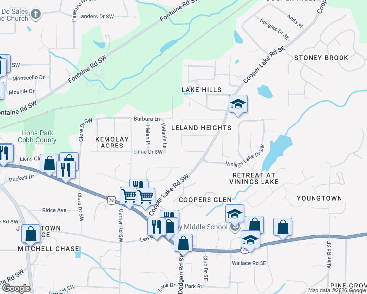 map of restaurants, bars, coffee shops, grocery stores, and more near 145 Morris Road Southwest in Mableton