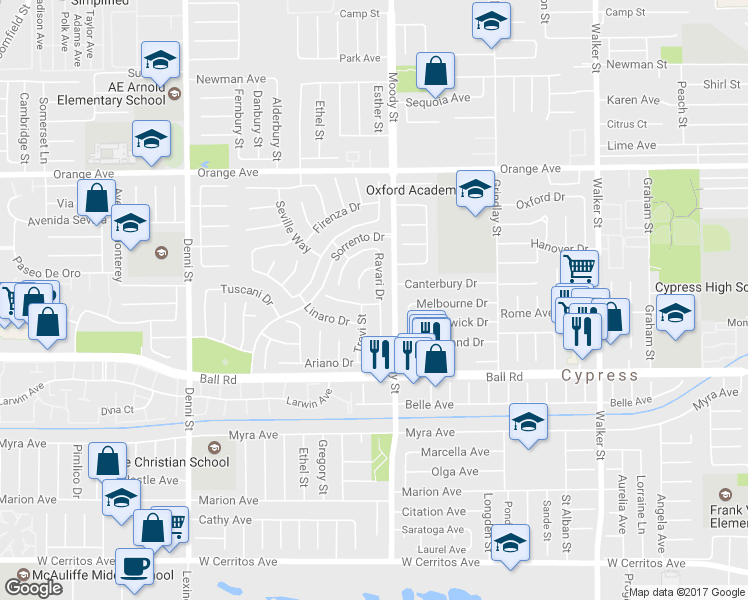 map of restaurants, bars, coffee shops, grocery stores, and more near 9827 Ravari Drive in Cypress