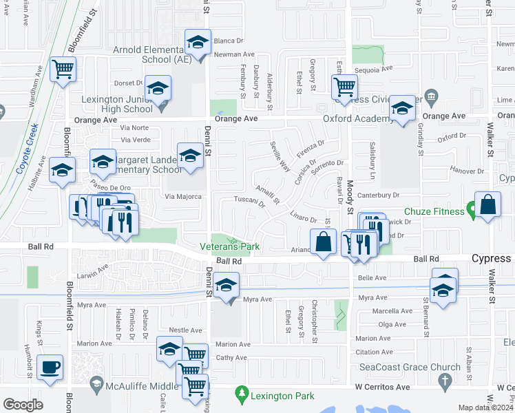 map of restaurants, bars, coffee shops, grocery stores, and more near 4660 Tuscani Drive in Cypress