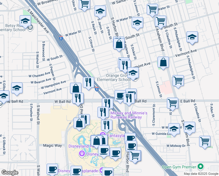 map of restaurants, bars, coffee shops, grocery stores, and more near 986 South Citron Street in Anaheim