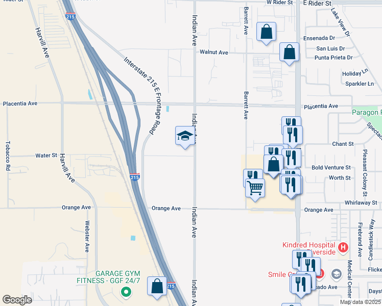 map of restaurants, bars, coffee shops, grocery stores, and more near 2656 Indian Avenue in Perris