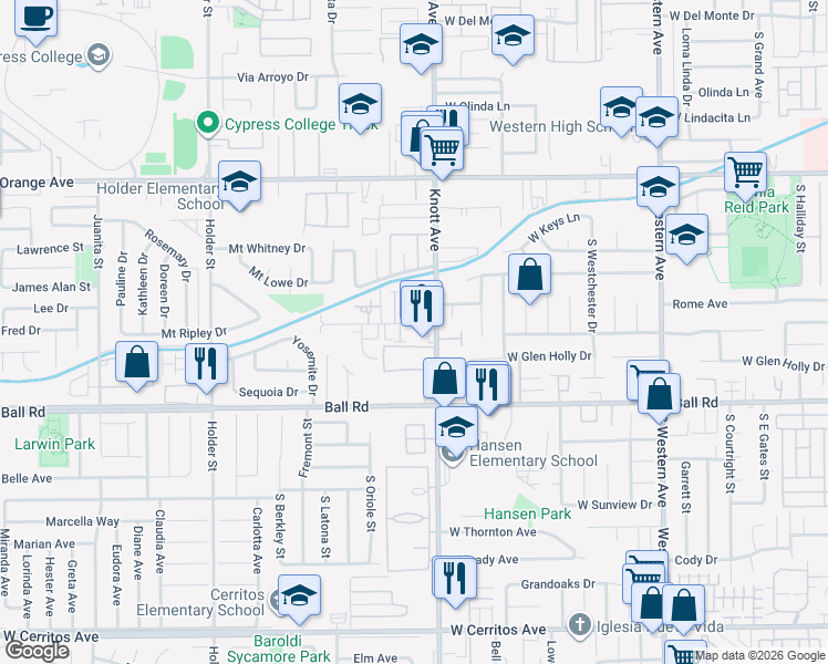 map of restaurants, bars, coffee shops, grocery stores, and more near 909 South Knott Avenue in Anaheim