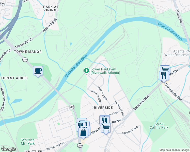 map of restaurants, bars, coffee shops, grocery stores, and more near 2280 Bernard Road Northwest in Atlanta