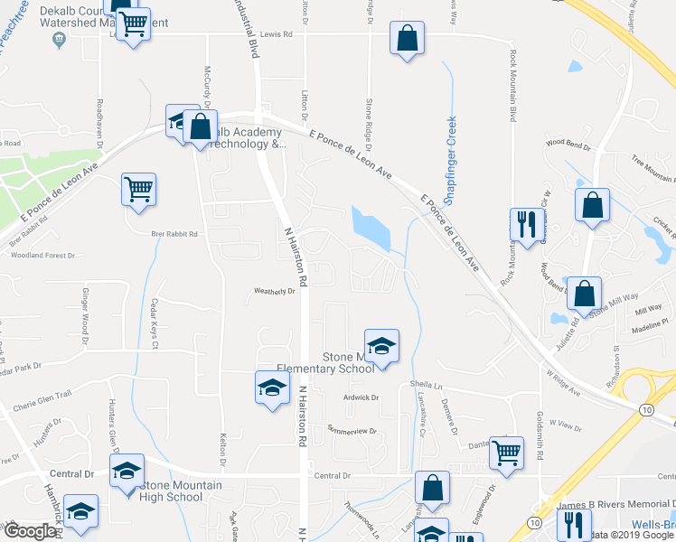 map of restaurants, bars, coffee shops, grocery stores, and more near 4842 Hairston Park Square in Stone Mountain