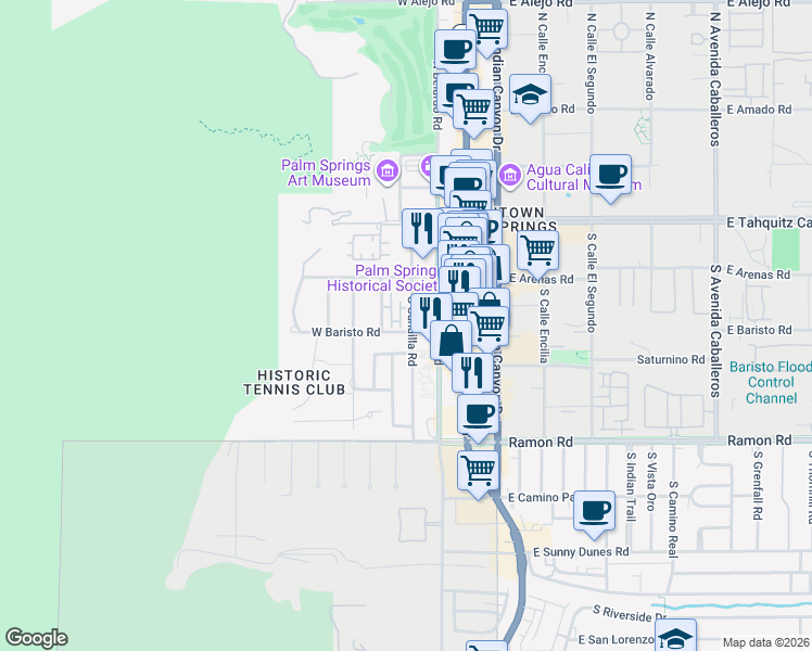 map of restaurants, bars, coffee shops, grocery stores, and more near 314 South Cahuilla Road in Palm Springs