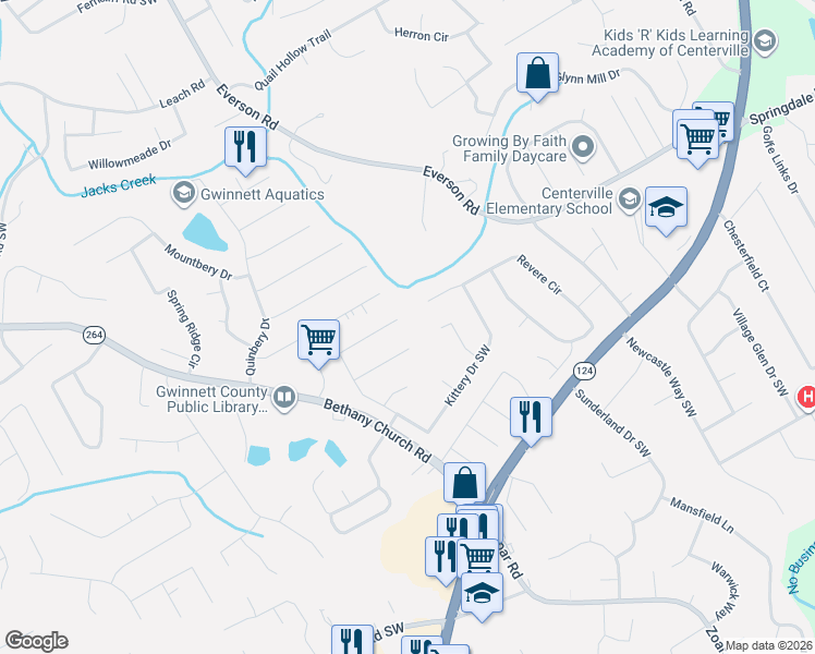 map of restaurants, bars, coffee shops, grocery stores, and more near 3601 Kittery Drive Southwest in Snellville