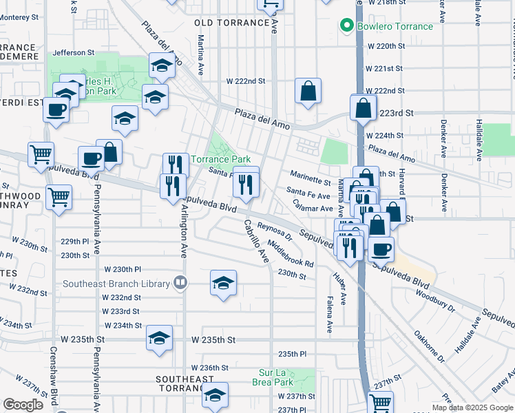 map of restaurants, bars, coffee shops, grocery stores, and more near 2742 Cabrillo Avenue in Torrance