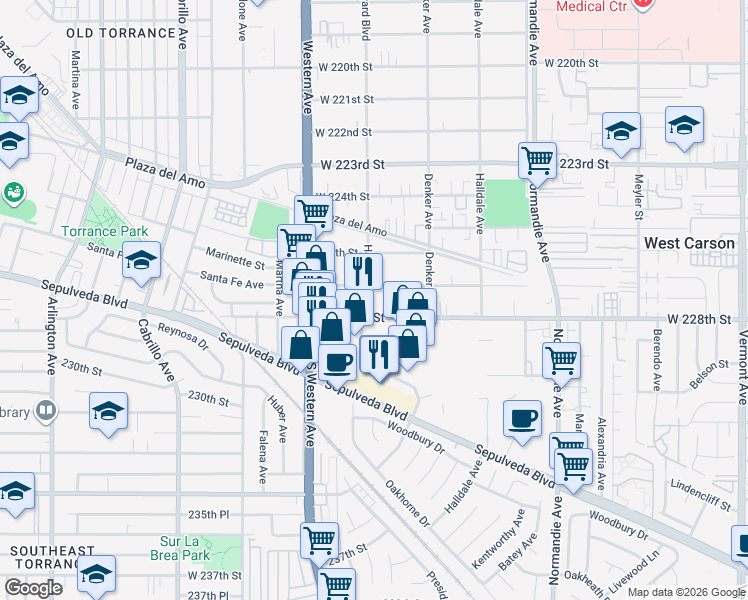 map of restaurants, bars, coffee shops, grocery stores, and more near 1603 West 228th Street in Torrance