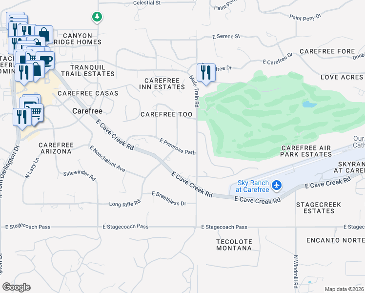map of restaurants, bars, coffee shops, grocery stores, and more near 7819 East Long Rifle Road in Carefree