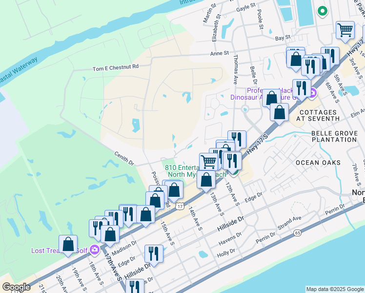 map of restaurants, bars, coffee shops, grocery stores, and more near 1100 Possum Trot Road in North Myrtle Beach