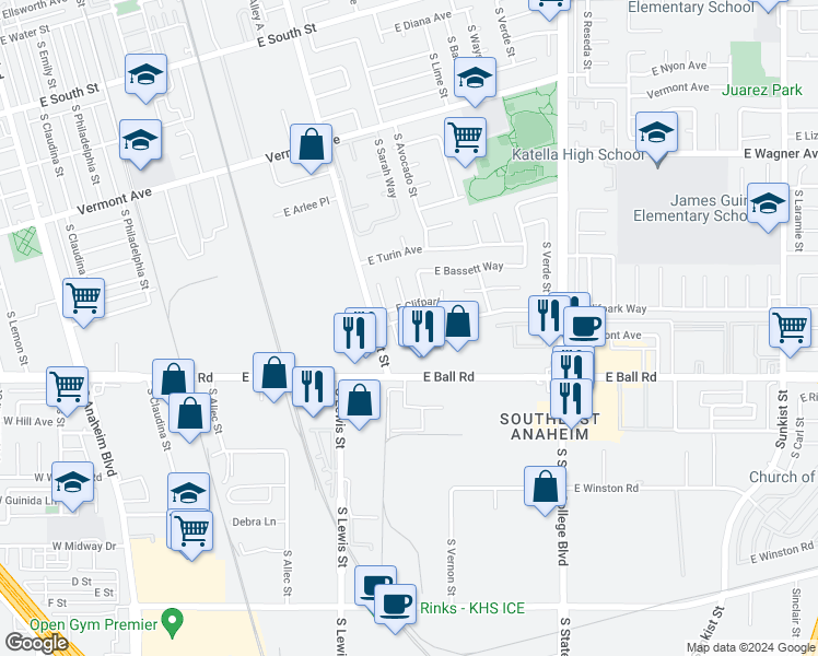 map of restaurants, bars, coffee shops, grocery stores, and more near 1121 South Dover Circle in Anaheim