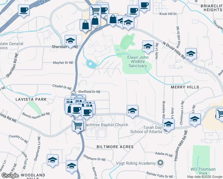 map of restaurants, bars, coffee shops, grocery stores, and more near 1458 Sheffield Drive Northeast in Atlanta