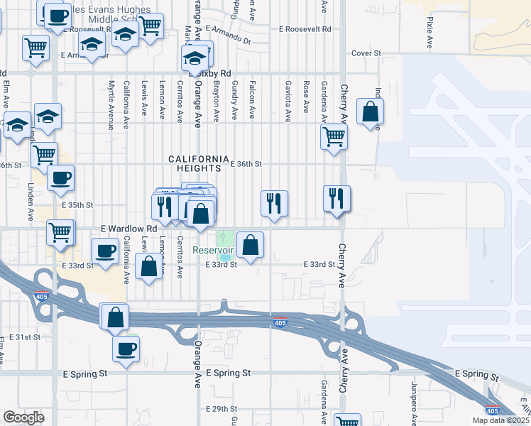 map of restaurants, bars, coffee shops, grocery stores, and more near 3439 Walnut Avenue in Long Beach