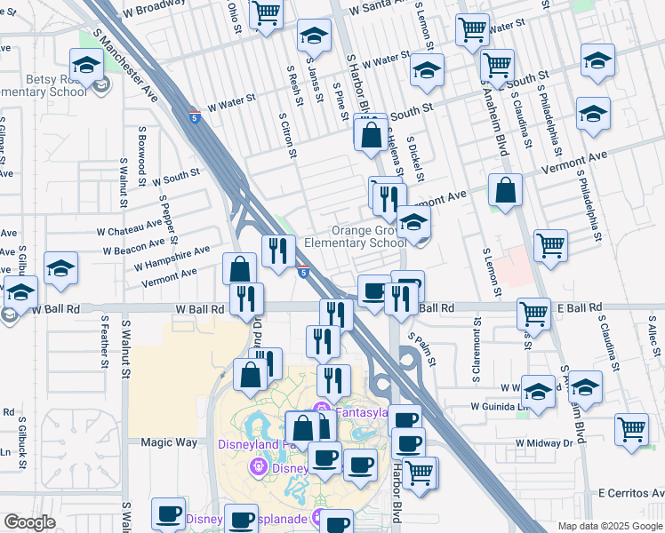 map of restaurants, bars, coffee shops, grocery stores, and more near 967 South Citron Street in Anaheim