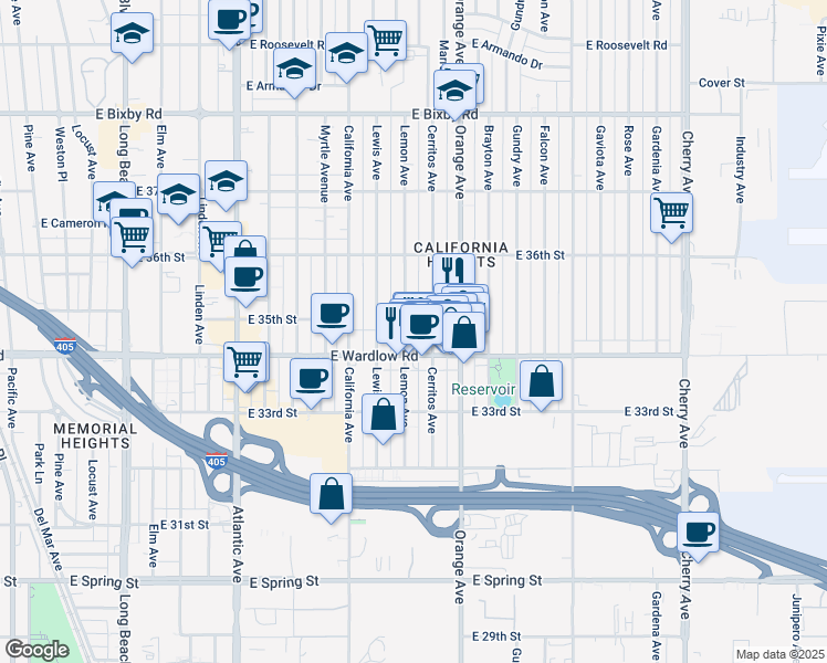 map of restaurants, bars, coffee shops, grocery stores, and more near 3440 Lemon Avenue in Long Beach