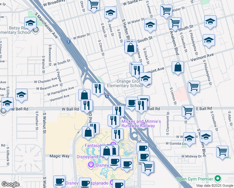 map of restaurants, bars, coffee shops, grocery stores, and more near 951 South Citron Street in Anaheim