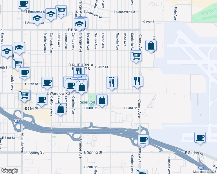 map of restaurants, bars, coffee shops, grocery stores, and more near 3439 Walnut Avenue in Long Beach