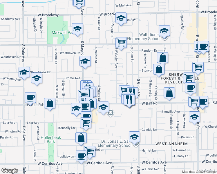 map of restaurants, bars, coffee shops, grocery stores, and more near 902 South Texella Court in Anaheim