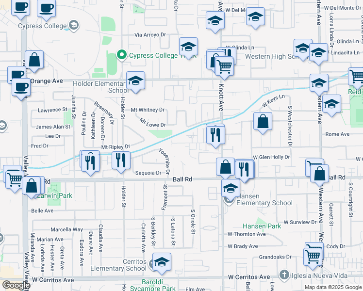 map of restaurants, bars, coffee shops, grocery stores, and more near 849 Marian Way in Anaheim