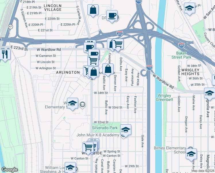map of restaurants, bars, coffee shops, grocery stores, and more near 3402 Baltic Avenue in Long Beach