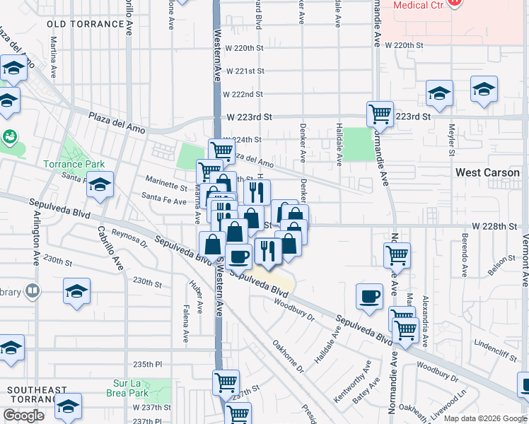 map of restaurants, bars, coffee shops, grocery stores, and more near 1603 West 228th Street in Torrance