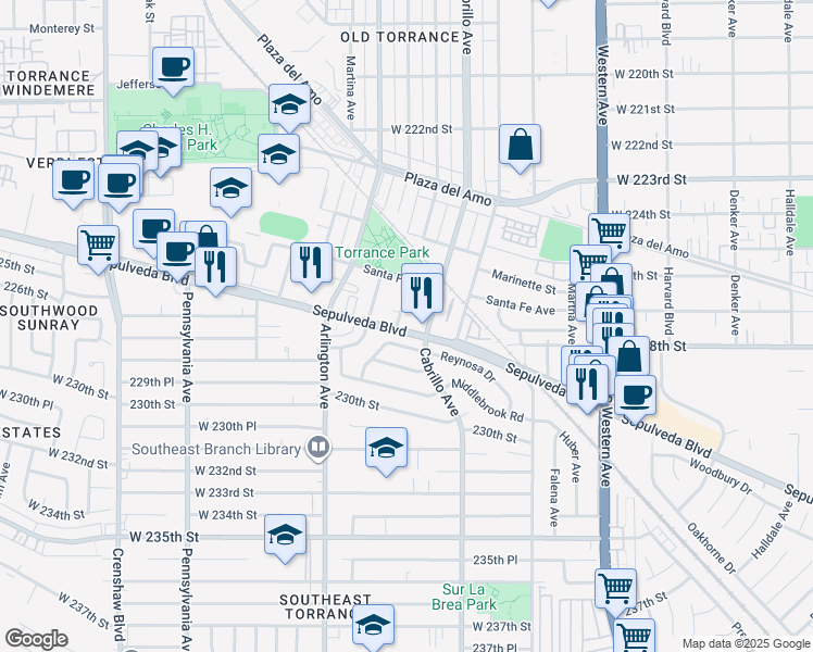 map of restaurants, bars, coffee shops, grocery stores, and more near 2022 Reynosa Drive in Torrance