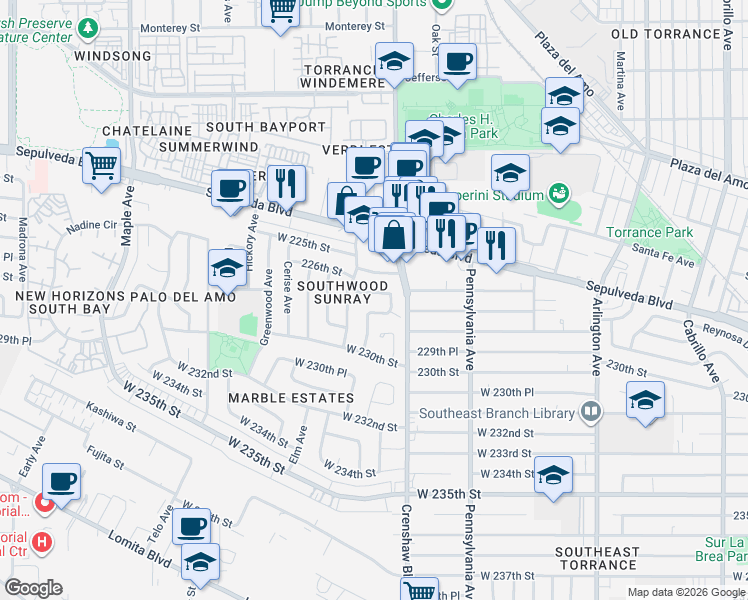 map of restaurants, bars, coffee shops, grocery stores, and more near 22732 Date Avenue in Torrance