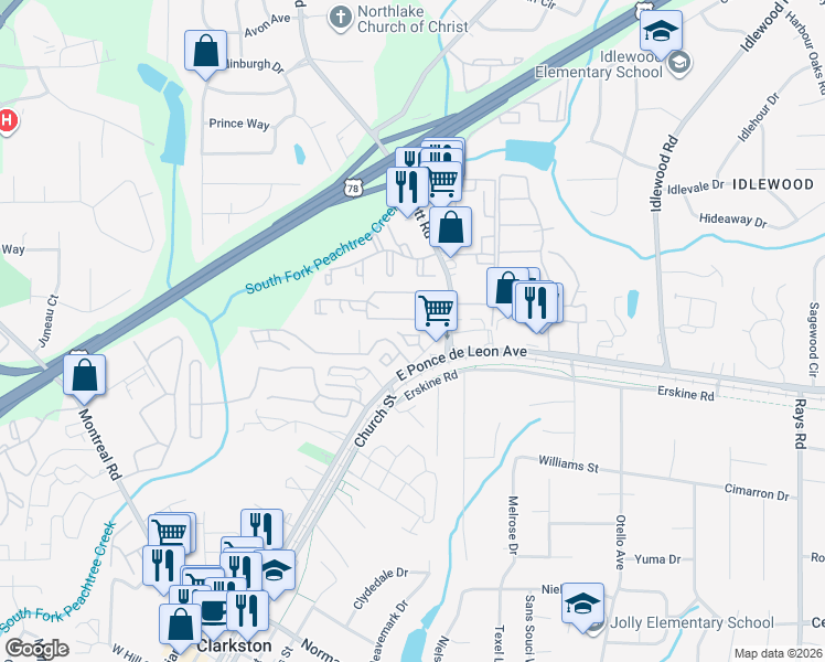 map of restaurants, bars, coffee shops, grocery stores, and more near 3704 Prescott Ridge Circle in Clarkston