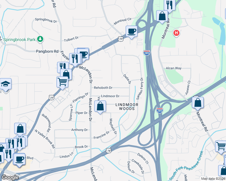 map of restaurants, bars, coffee shops, grocery stores, and more near 3201 Lindmoor Drive in Decatur