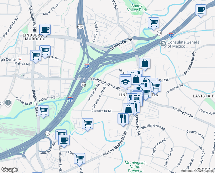 map of restaurants, bars, coffee shops, grocery stores, and more near 961 Lindbergh Drive Northeast in Atlanta