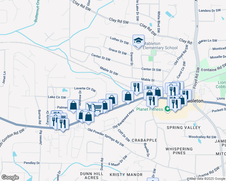 map of restaurants, bars, coffee shops, grocery stores, and more near 1145 Vonda Lane Southwest in Mableton