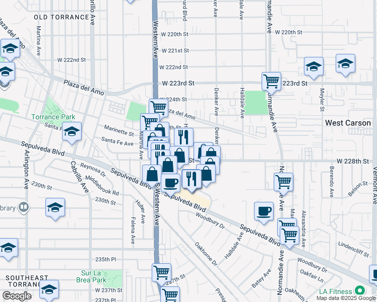 map of restaurants, bars, coffee shops, grocery stores, and more near 22720 Harvard Boulevard in Torrance