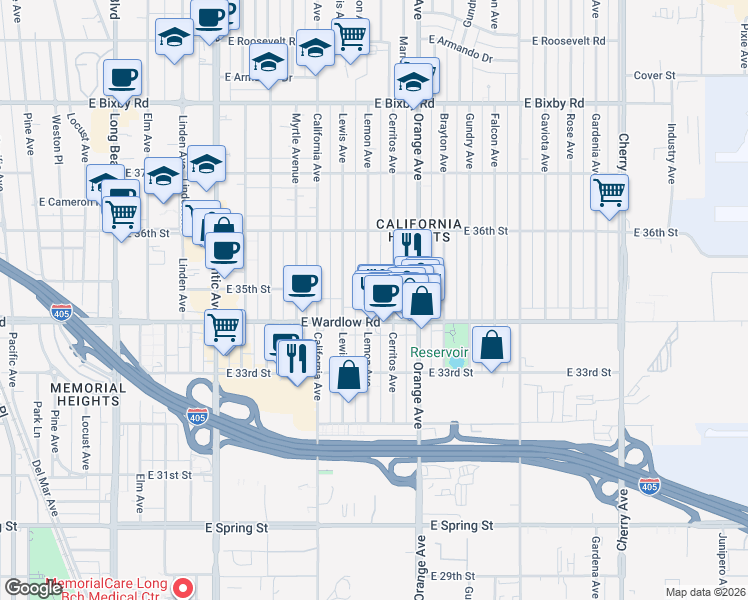map of restaurants, bars, coffee shops, grocery stores, and more near 3440 Lemon Avenue in Long Beach