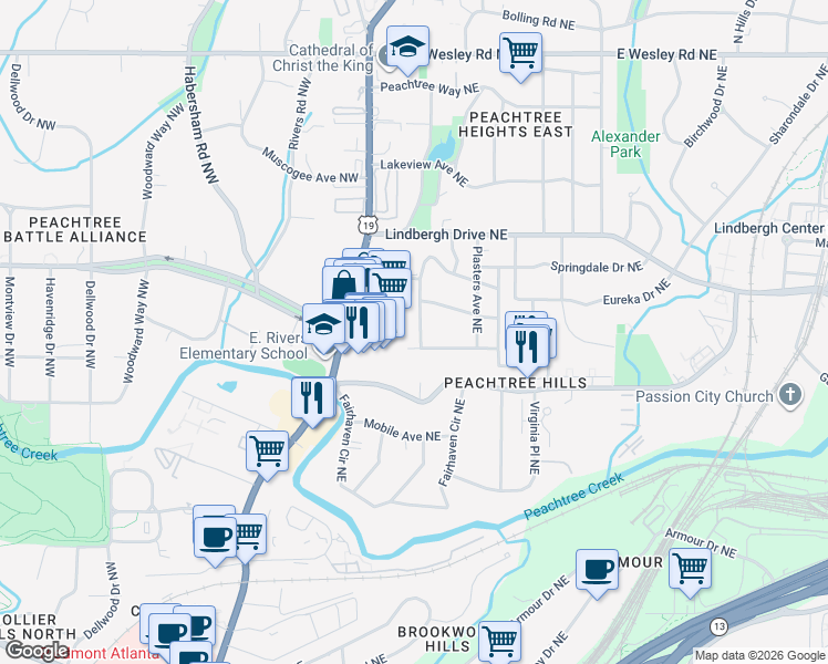 map of restaurants, bars, coffee shops, grocery stores, and more near 2372 Glenwood Drive Northeast in Atlanta