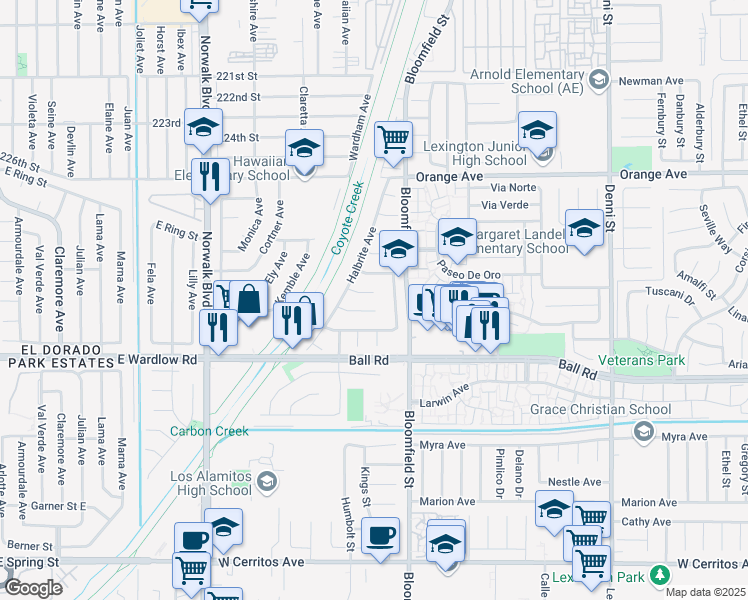 map of restaurants, bars, coffee shops, grocery stores, and more near 8294 East Carburton Street in Long Beach